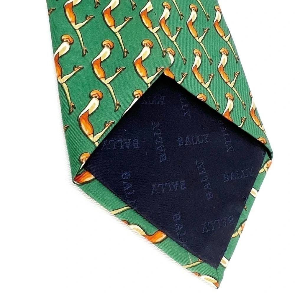 Bally Neckltie 100% Silk Green Orange Flapper Woman Neck Tie Made in Italy EUC